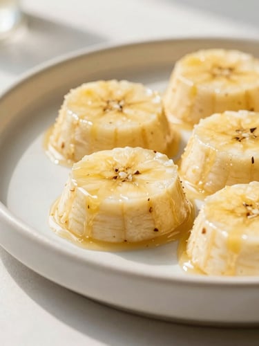 Close-up of a large, minimalist ceramic tray filled with golden banana pudding, vanilla bean flecks visible on the glossy surface, bright natural afternoon sunlight casting soft shadows, modern editorial food styling.