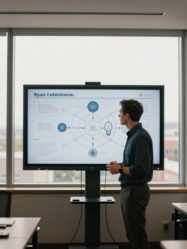 Ryan Baldwin, a business consultant, in a modern office, observing a strategic diagram on a large screen, natural window light, off-center composition, with architectural details of the workspace.