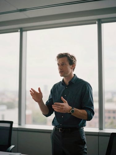 Ryan Baldwin, in a modern office, hands gesturing while explaining a strategic diagram to an unseen executive, natural window light, muted corporate tones, off-center, 35mm