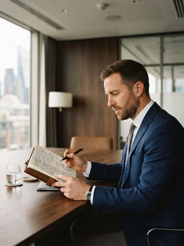 Ryan Baldwin, a business consultant, in a modern, high-contrast boardroom setting, reviewing strategic diagrams in a physical notebook, natural window light, off-center composition, with architectural details visible.