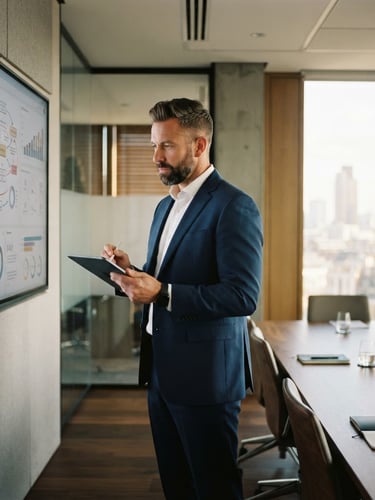Ryan Baldwin in a modern boardroom, focused, reviewing strategic diagrams on a large screen, natural window light, off-center composition, muted corporate tones, 35mm