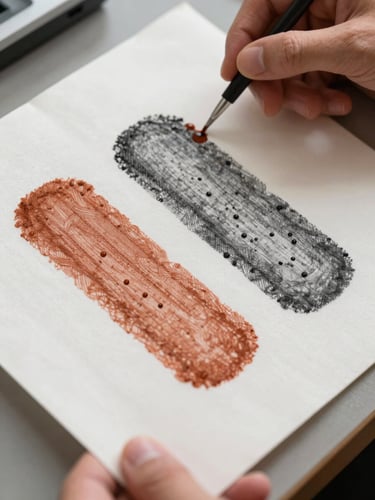 Extreme close-up of hands holding a freshly printed DTF transfer sheet showing terracotta and charcoal ink detail, thread texture of the cotton substrate visible in sharp focus, bright studio daylight from above revealing ink droplet precision