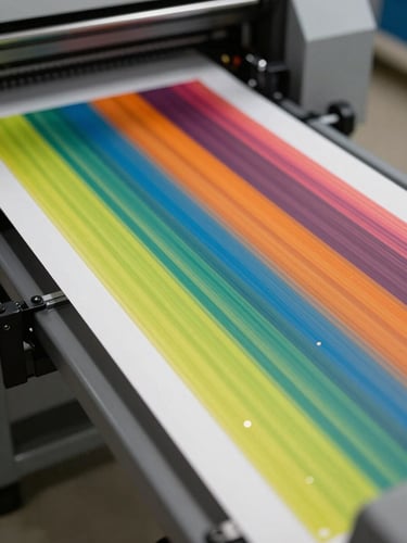 Close-up of a DTF transfer sheet emerging from the printer output tray, vivid colors sharp and saturated under bright industrial lighting, ink droplets visible at macro level, production room floor visible in background