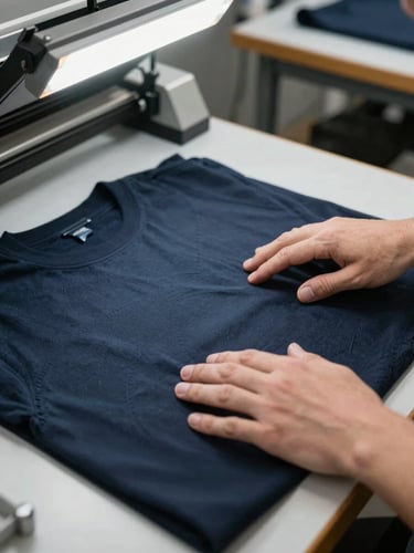 Hands pressing a finished DTF transfer onto a dark cotton garment on a heat press table, bright overhead light showing color accuracy and crisp edge detail, production workspace visible in background