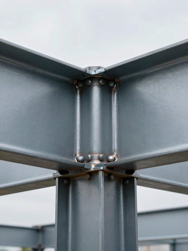 Close-up of a structural steel beam-to-column bolted connection on a large commercial build, overcast studio strobe lighting that reveals every weld seam and bolt head with zero shadow softness, tight frame showing the material transition from raw steel to primed surface, industrial precision