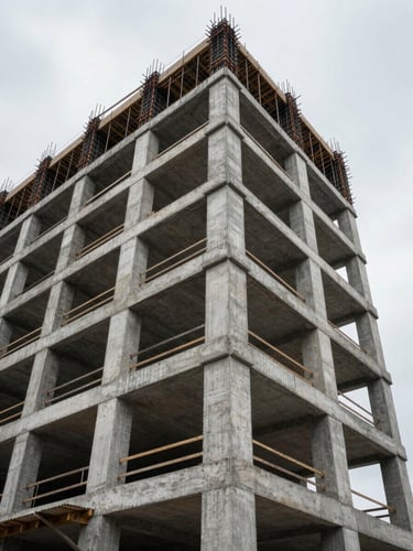 Tall architectural documentation photograph of a multi-storey concrete core under construction, formwork panels stacked in background, overcast diffuse light revealing honest concrete texture, no people, shot from ground level looking up