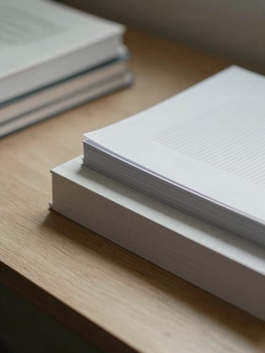 Close-up of physical research papers and books stacked on a serene wooden desk, soft diffuse daylight, minimalist.