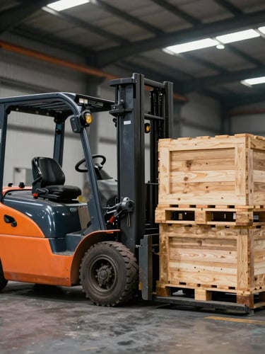 Industrial warehouse interior with active yellow forklifts moving heavy wooden pallets under high-contrast overhead lighting, sharp focus, 35mm
