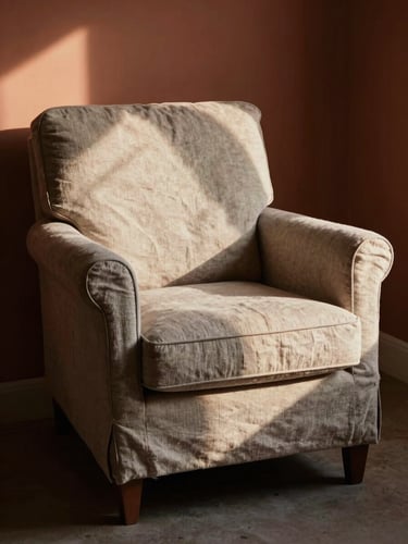 Quiet interior with soft morning light shifting across an empty linen armchair, warm terracotta shadows, highly editorial and atmospheric.