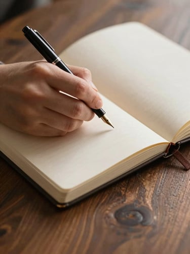 Close-up of hands writing with a fountain pen in a blank fabric-bound journal on a dark wooden table, warm afternoon light.
