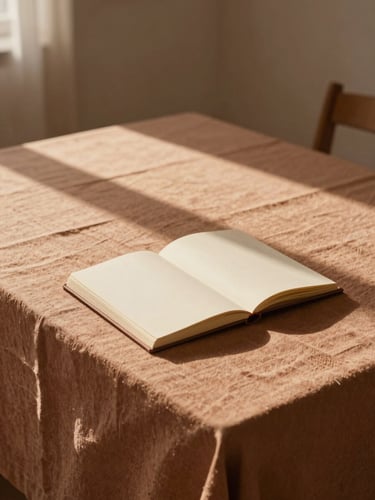 Wide atmospheric shot of soft morning light casting long shadows across an empty linen-covered table with a single open journal, warm terracotta tones, quiet solitude.