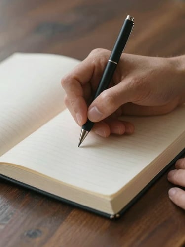 Close-up of hands writing in a heavy paper journal on a dark wooden table, soft natural side lighting, calm and reflective atmosphere.