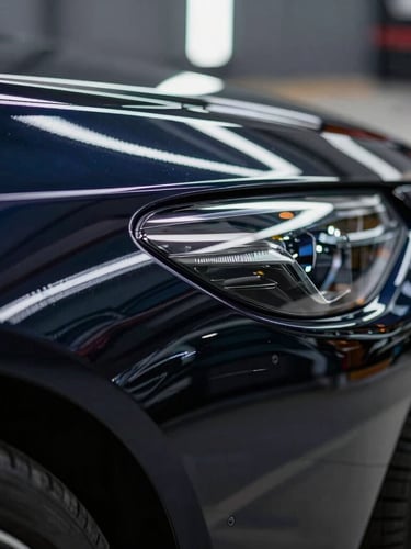 Extreme close-up of a deep black sports car fender reflecting crisp, linear LED light bars, demonstrating flawless paint correction, high contrast