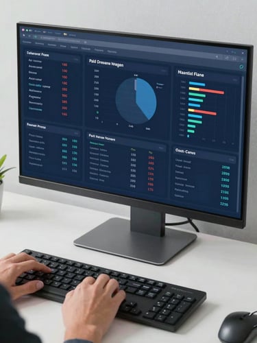 Close medium-wide shot of a marketing analyst reviewing a multi-panel paid campaign performance dashboard on a large monitor, fingers hovering over keyboard, studio-lit clarity, deep blue interface glowing on screen, clean white desk surface visible