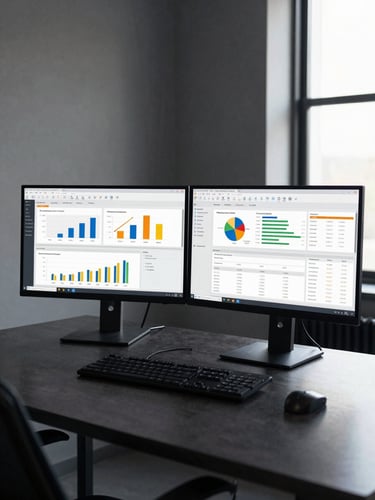 Wide-angle studio-lit view of a marketing analytics dashboard on dual monitors, campaign performance charts and revenue metrics visible mid-workflow, dark desk surface, bright window light from the right