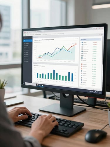 Wide medium shot of an analytics dashboard on a large monitor in a Miami office, a team member's hands visible on the keyboard reviewing campaign performance data, bright natural window light from the left, chart lines and metric columns sharp in focus