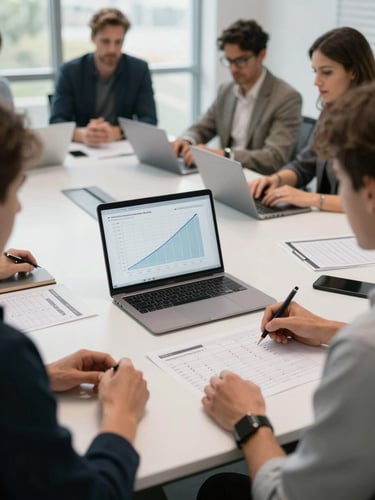 Wide shot of a content strategy session in a modern conference room, laptop showing keyword ranking chart with steep upward curve, team members reviewing printed content calendars on a white table, bright natural window light
