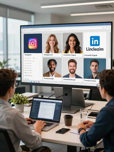 Medium-wide shot of a social media campaign review on a large monitor, Instagram and LinkedIn ad performance metrics visible, a diverse team at a standing desk in a bright Miami office, studio lighting, no posed smiles