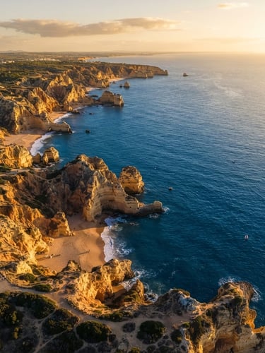 Cinematic wide-angle aerial photography of golden hour sunlight over the dramatic cliffs of Albufeira, deep ocean blues, long shadows, warm Mediterranean light, drone perspective.