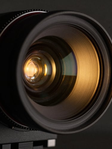 Extreme close-up of an anamorphic cinema lens reflecting golden studio light, dramatic chiaroscuro, 35mm film texture, high-contrast, ultra-wide aspect ratio.