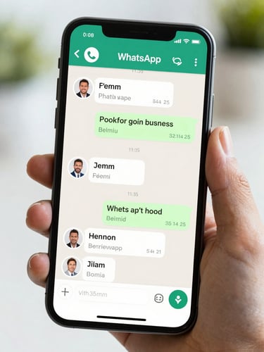 Close up of a modern smartphone screen displaying a WhatsApp chat between a local business owner and a verified job candidate, bright natural daylight, clean composition, 35mm