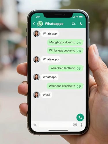 A close-up shot of a smartphone screen showing a WhatsApp chat between a hiring manager and a local retail candidate, bright natural daylight, 35mm