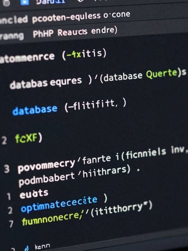 Close-up macro shot of clean PHP and React code on a dark IDE screen, showing optimized database queries for WooCommerce, sharp focus, electric blue accents.