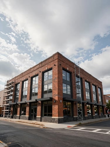 Wide environmental shot of a commercial building exterior, overcast natural daylight illuminating brick and steel facade, scaffolding visible on one wing suggesting active capital improvement, street level framing with generous sky above