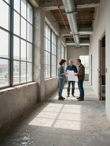 Interior hallway of a commercial property under renovation, principals visible in background reviewing mechanical plans, natural light from tall industrial windows, exposed ductwork and concrete floor showing asset condition mid-improvement