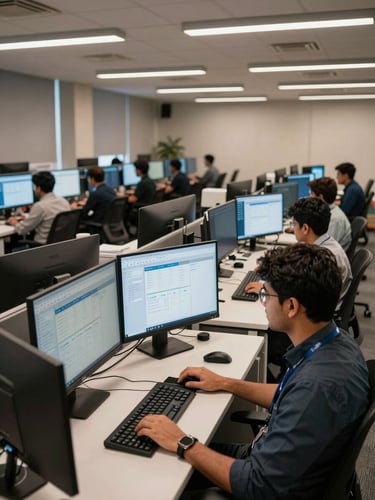 Wide shot of a mid-size software operations office in Hyderabad, rows of workstations with monitors showing ERP dashboards, neutral overhead office lighting, developer at foreground keyboard in focus, open-plan floor receding into background