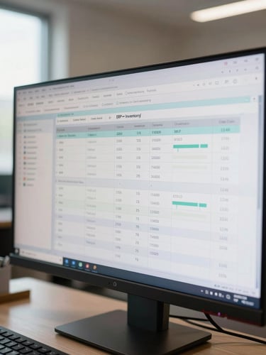 Close-up overhead view of a wide curved monitor displaying an ERP inventory and procurement dashboard, keyboard partially visible at bottom edge, neutral office daylight from left window, data tables and charts on screen