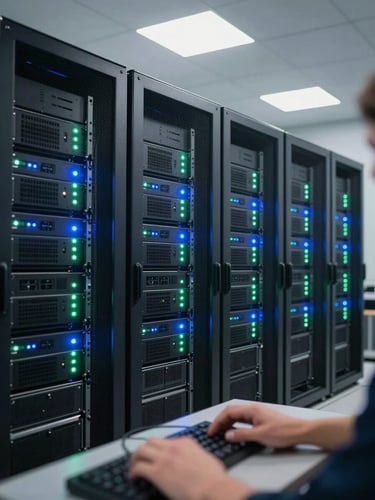 Wide shot of a server operations room with rows of rack-mounted servers, status indicator lights blinking in cool blue and green, neutral overhead fluorescent lighting, a technician's hands visible at a keyboard in the foreground — sharp environmental detail, no people's faces