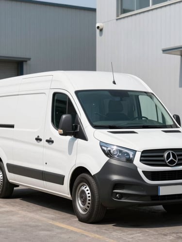 A clean passenger van parked in a professional urban environment, bright midday daylight, high-contrast industrial tones, sharp focus, 35mm lens