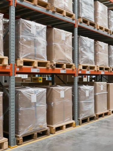 Organized warehouse consolidation bay with high-contrast industrial shelving, secure parcel packaging ready for dispatch, bright midday lighting.