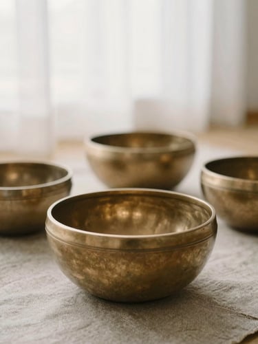 Tactile close-up of brass singing bowls on raw linen, soft morning sunlight filtering through sheer curtains, shallow depth of field, 35mm