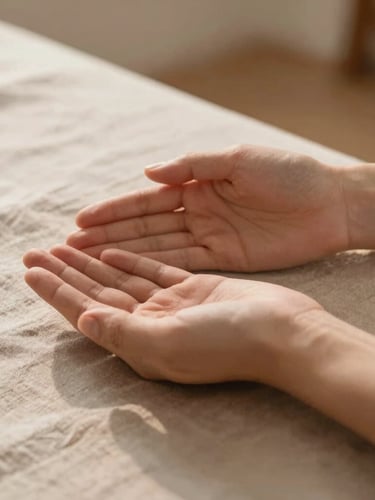 Hands hovering gently during a Reiki session over a soft linen-draped table, warm clay tones, diffused golden hour light