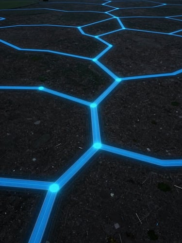Wide environmental shot of a clean data flow visualization — luminous blue pathways branching across a dark field, geometric and structured, overhead framing, no hardware, no people, cool precise lighting with faint cyan glow at junction points