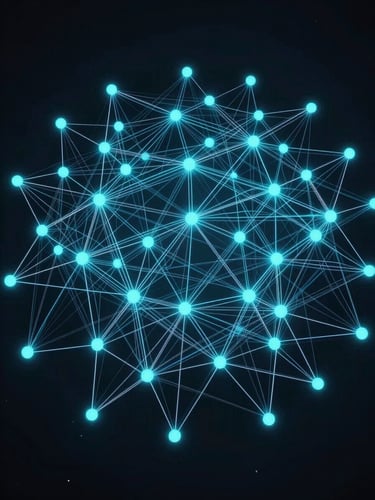 Wide overhead view of an abstract network topology diagram — glowing cyan nodes connected by fine white lines radiating across a deep obsidian field, architectural and precise, no hardware, no people, cool studio lighting, technical schematic aesthetic
