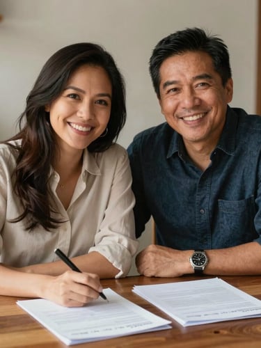 A warm, natural light portrait of a Spanish-Filipino couple sitting at a wooden table with documents, smiling genuinely, editorial style.
