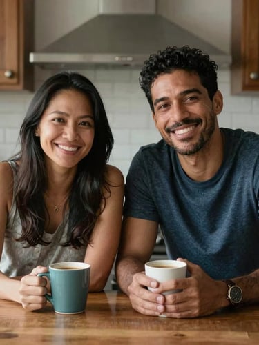 A warm, natural light portrait of a Spanish-South African man and a Filipino woman sitting at a wooden kitchen table, smiling warmly, holding coffee mugs, soft editorial framing.
