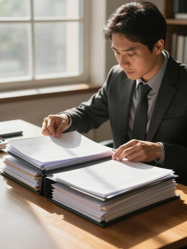 A focused professional at a wooden table organizing neat folders and documents, warm morning sunlight streaming through a window, editorial eye-level shot.