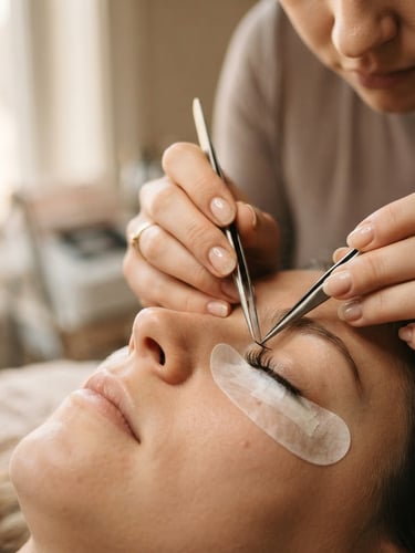 Close-up of a beauty specialist's hands meticulously applying eyelash extensions, soft diffused window light, muted champagne and taupe tones, shallow depth of field, 35mm