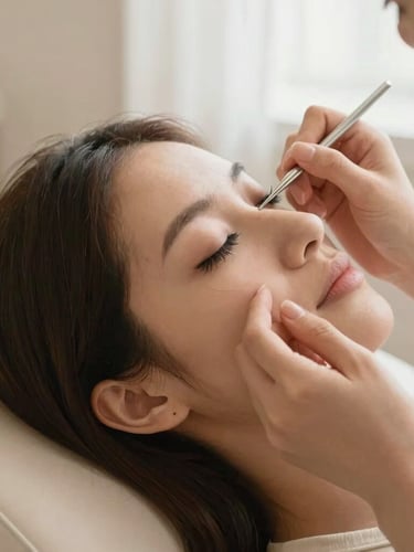 Close-up portrait of a woman relaxing in a beauty chair, a technician carefully applying eyelash extensions while another technician works on her nails simultaneously. Soft, warm studio lighting, shallow depth of field, focus on the meticulous work and client's calm expression, 35mm