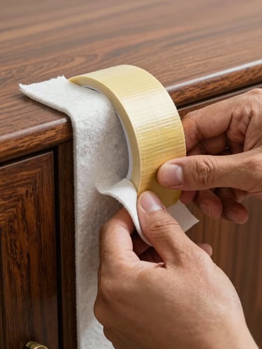 Tight macro shot of professional hands double-wrapping the corner of a polished dark wood cabinet with thick protective felt and gold-accented heavy-duty tape, sharp focus, natural daylight