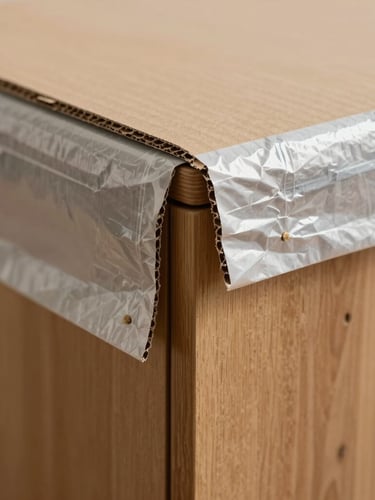 Tight macro close-up of heavy-duty protective cardboard and thick structural shrink-wrap double-wrapping the sharp corner of a solid wood cabinet, natural daylight