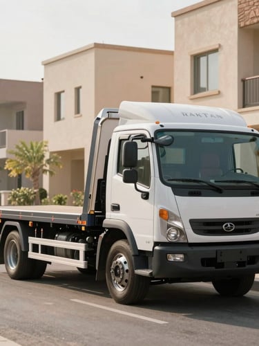 A sharp, branded Rak Titan flatbed moving truck parked in a clean Al Dhait residential neighborhood under bright morning sunlight.