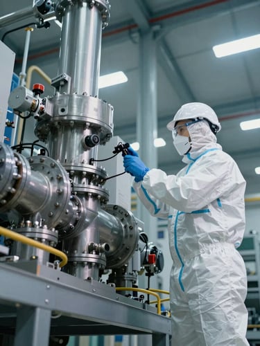 Low-angle heroic shot of an engineer in clean, branded PPE inspecting a complex mechanical plant room, cool industrial interior lighting, sharp focus, 35mm