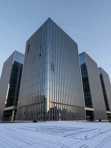 Wide-angle architectural shot of a modern commercial building in Jeddah at dawn, reflecting the ambitious vision of Saudi Arabia, with a subtle overlay of a blueprint. Crisp daylight, cool blue tones.
