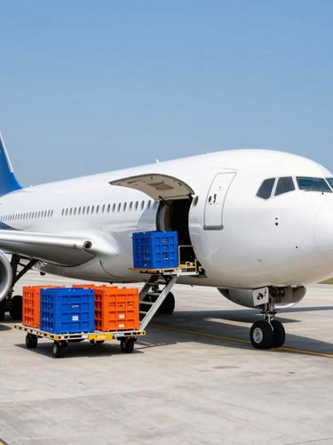 A commercial freight aircraft parked on a bright runway under crisp daylight, loading nose-door cargo crates with high-contrast blue and orange logistics equipment.