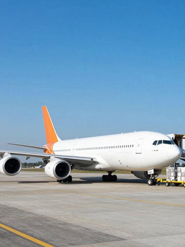Wide environmental shot of a modern cargo aircraft loading freight on a bright runway, high-contrast corporate blue tones, crisp daylight.
